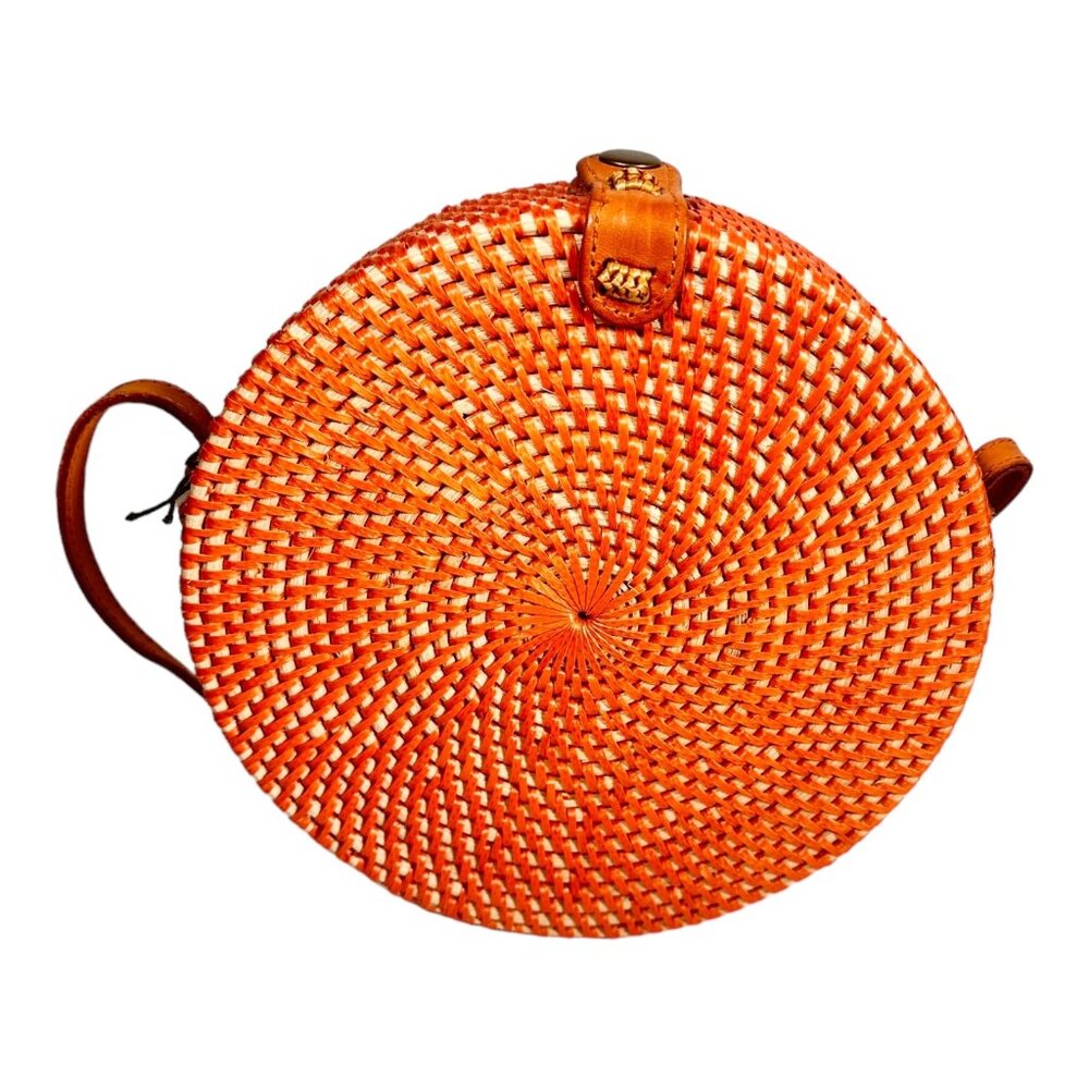 Rattan Orange Round Crossbody Bag Circle Leather Shoulder Strap Boho